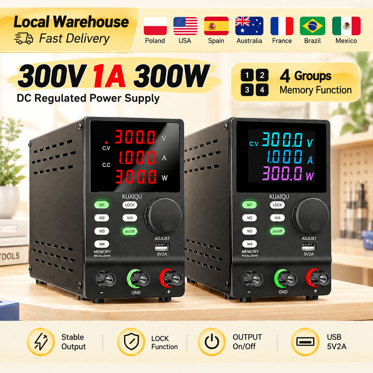 Switching Dc Power Supply 300V 1A - KUAIQU 300V 1A 300W DC電源、調整可能なスイッチング電源、メモリ/ロック/出力機能付き、実験室での修理用ベンチ型電圧レギュレーター。